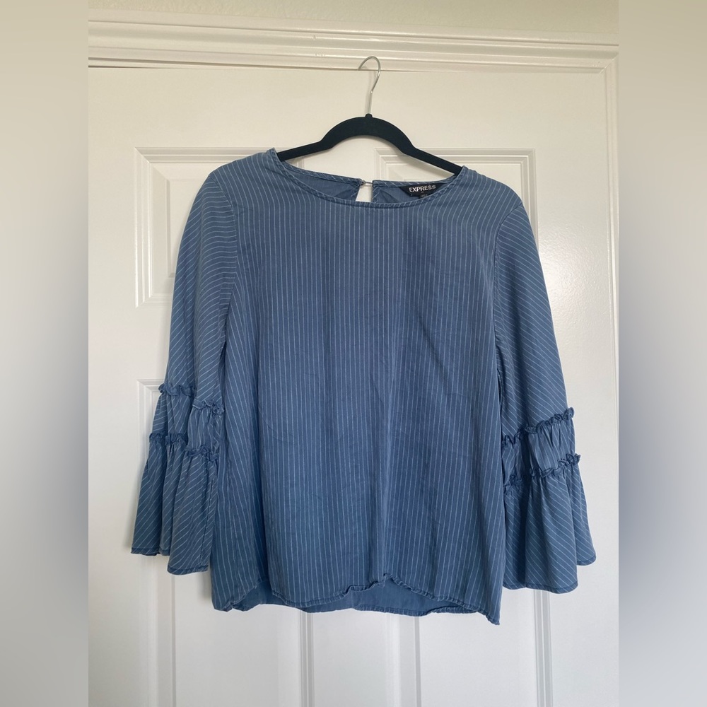 Navy blue pinstriped trumpet sleeve blouse